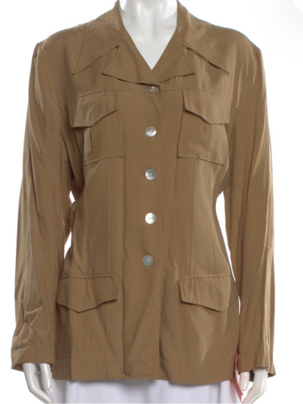 Halston Vintage 90s Safari Jacket Silk Button Up Blazer Tan Size 12 / XL